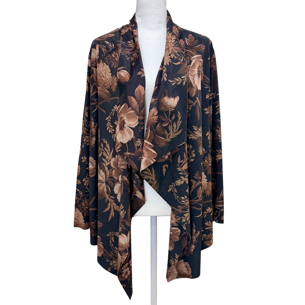 Soft Surroundings Open Front Cardigan Floral Brown Faux Suede Large‎ Petite LP